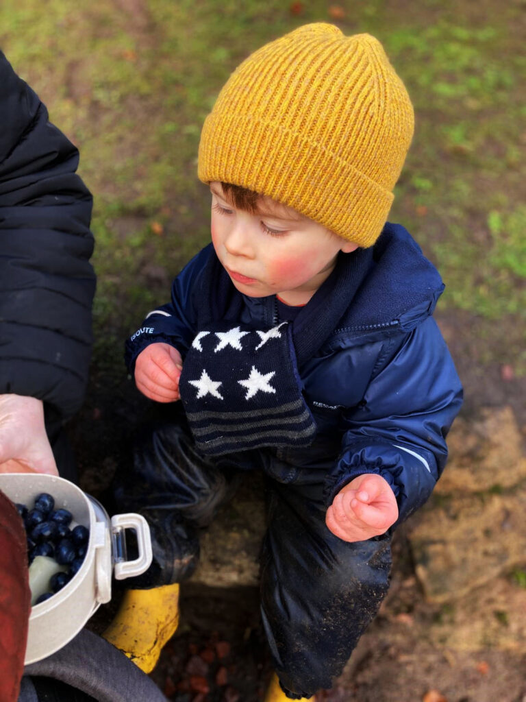 Little boy eating blueberries